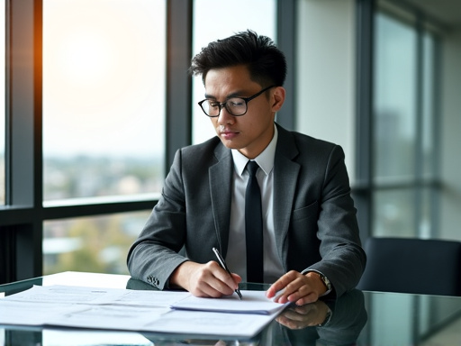 Corporate real estate lawyer Michael Chen reviewing documents