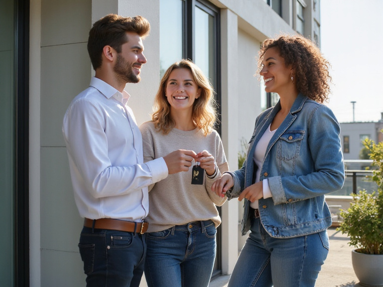 Happy couple receiving keys to their new apartment
