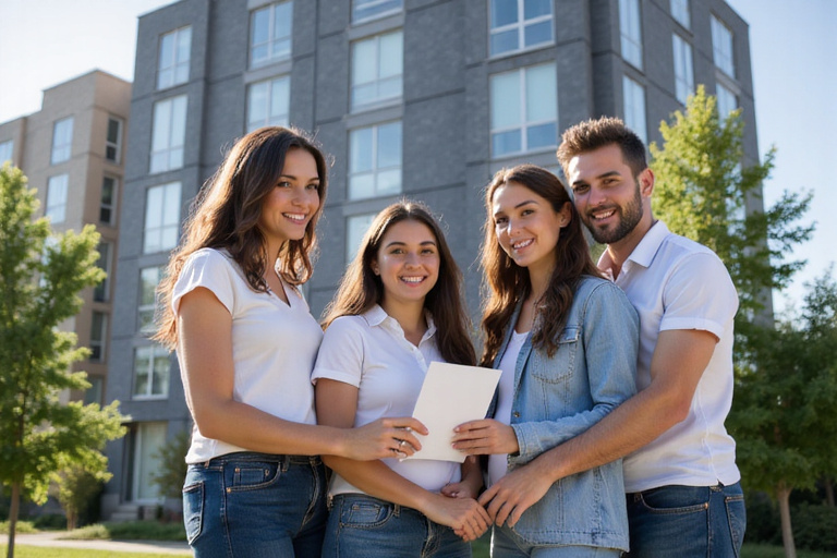 Happy family in front of their new Canadian apartment